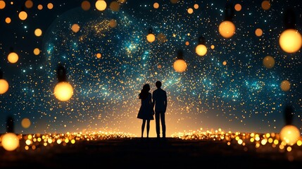 Fototapeta premium Valentine emotion eternity. A romantic silhouette of a couple surrounded by glowing lanterns and a starry night sky, evoking a magical and dreamy atmosphere.
