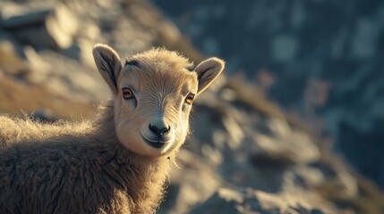 Obraz premium Young Mountain Goat Portrait in Rocky Terrain