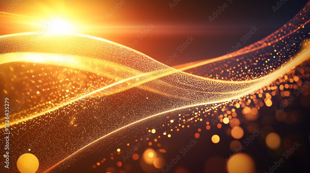 Poster golden light particle waves flow across a dark background abstract golden waves of light
