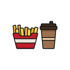 Drink and fried fries set food icon in flat style, featuring a refreshing beverage in a cup with a straw and a crispy serving of golden french fries.