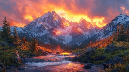 Fiery Sunset Illuminates Snowy Mountain Peaks and River