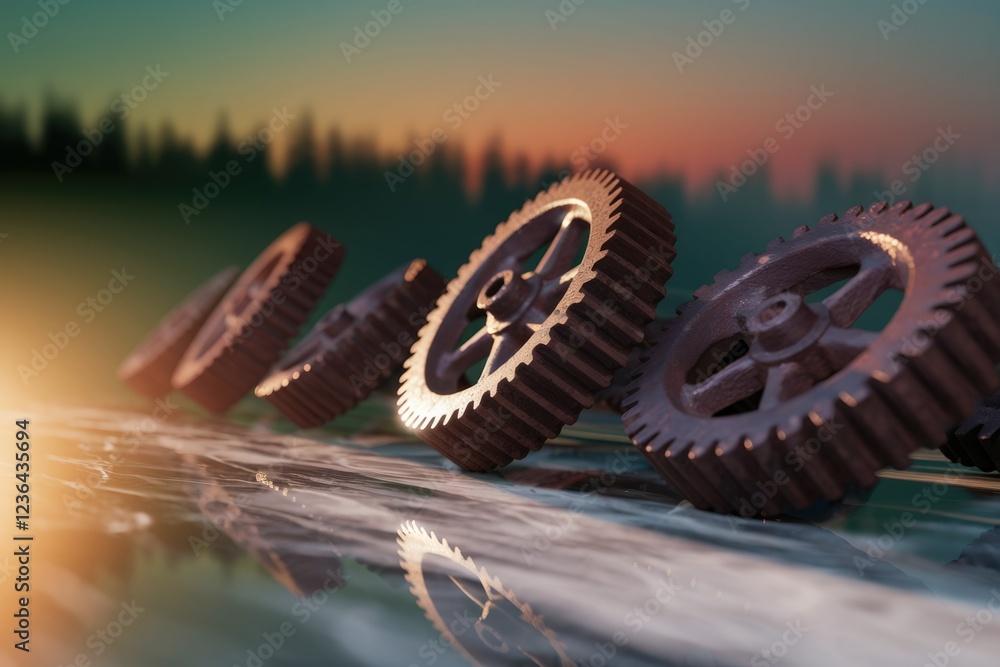 Poster rusty gears interlock, reflecting on a surface at sunset, symbolizing teamwork and mechanics.