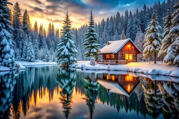 Fototapeta premium Snowy Winter Cabin Nestled in Enchanting Forest