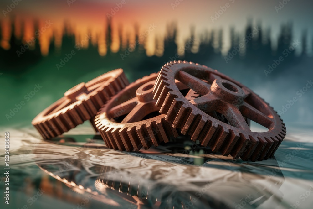 Poster rusty gears lie on a reflective surface, with a blurred sunset and forest backdrop. a symbol of indu