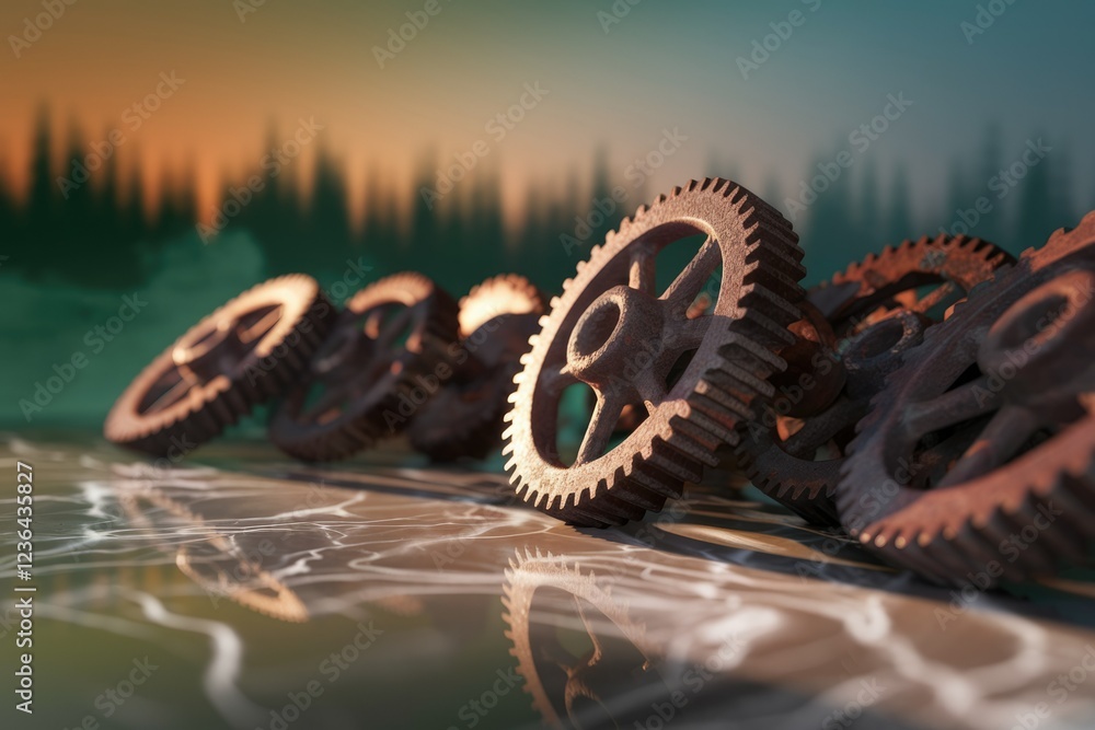 Poster rusty gears lie on a reflective surface, set against a blurred forest backdrop at sunset.