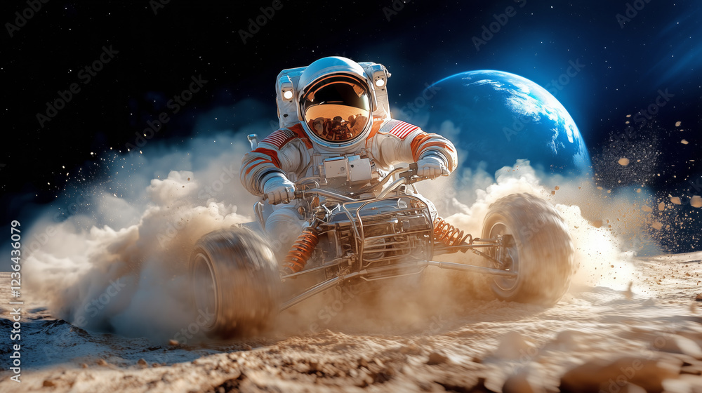 Wall mural an astronaut is joyfully riding a lunar rover across the moon's surface, creating a cloud of dust wh