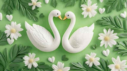 Obraz premium Valentine emotion eternity. Two elegant white swans form a heart shape, surrounded by green leaves and delicate flowers, creating a serene and romantic atmosphere.