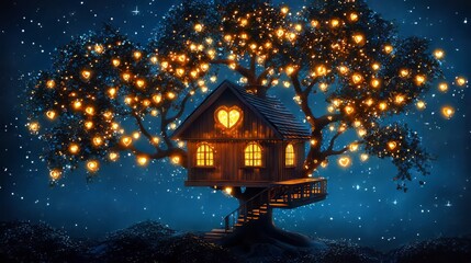 Fototapeta premium Valentine emotion eternity. A whimsical treehouse adorned with glowing lights, nestled among branches, creates a magical nighttime atmosphere.