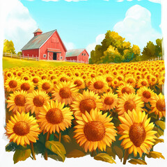 A vibrant and modern illustration of a picturesque landscape featuring a cozy house surrounded by a vast sunflower field.