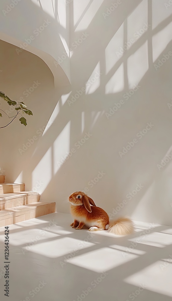 Canvas Prints Cute rabbit sitting on a bright floor with shadows from windows