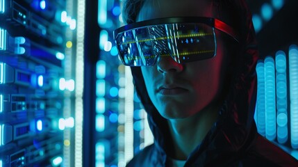 Futuristic virtual reality headset interface in a cybernetic sci fi environment showcasing advanced digital technology data visualization and intelligence concepts