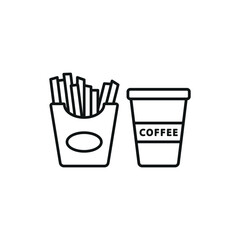 Drink and fried fries set food icon in flat style, featuring a refreshing beverage in a cup with a straw and a crispy serving of golden french fries.