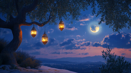 Ramadan Nights with Tranquil Glow. This serene image captures the essence of Ramadan nights, with glowing lanterns swaying gently under the moonlit sky.