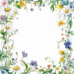 A square watercolor floral frame adorned with delicate wildflowers in bright tones. 