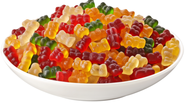 Colorful gummy bears filling a white bowl on transparent background