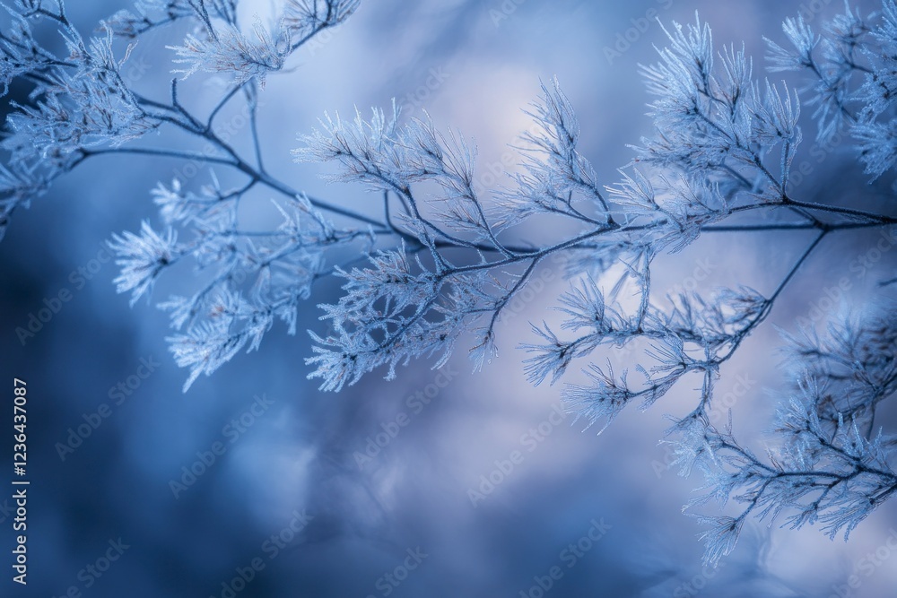 Poster a close-up of frost-covered pine branches, creating an ethereal and dreamy atmosphere with soft blue