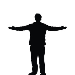 A person stands with arms outstretched in a welcoming gesture.  Black silhouette against white background.