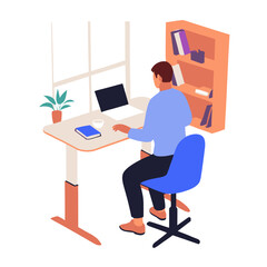 Illustration of a person working at a desk with laptop and books in cozy indoor setting
