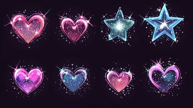 Creative set of heart-filled stars with neon glow effects, pastel tones, and soft sparkles, neatly arranged on a clean background