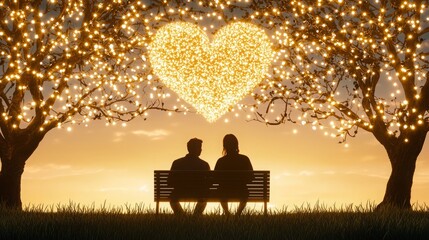 Valentine emotion eternity. A romantic silhouette of a couple sitting on a bench under glowing heart-shaped lights amidst trees, capturing a serene sunset ambiance.