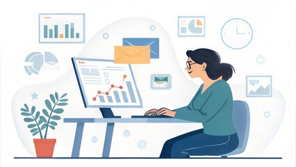 Fototapeta premium Vector illustration of a woman analyzing data on a computer with graphs and emails around her