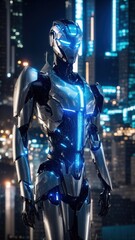 Fototapeta premium Sleek Cybernetic Warrior with Illuminated Armor in Futuristic Cityscape