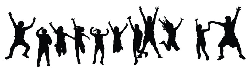 Silhouettes of joyful people leaping and celebrating.