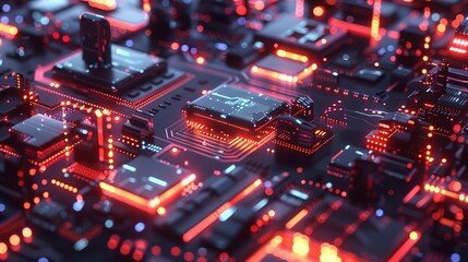 Obraz premium Intricate computer circuit board with glowing red and orange electronic components highlighting the complex inner workings and advanced technology powering modern digital devices and systems