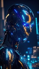 Sleek Metallic Robot with Reflective Armor and Neon Highlights in a Futuristic City