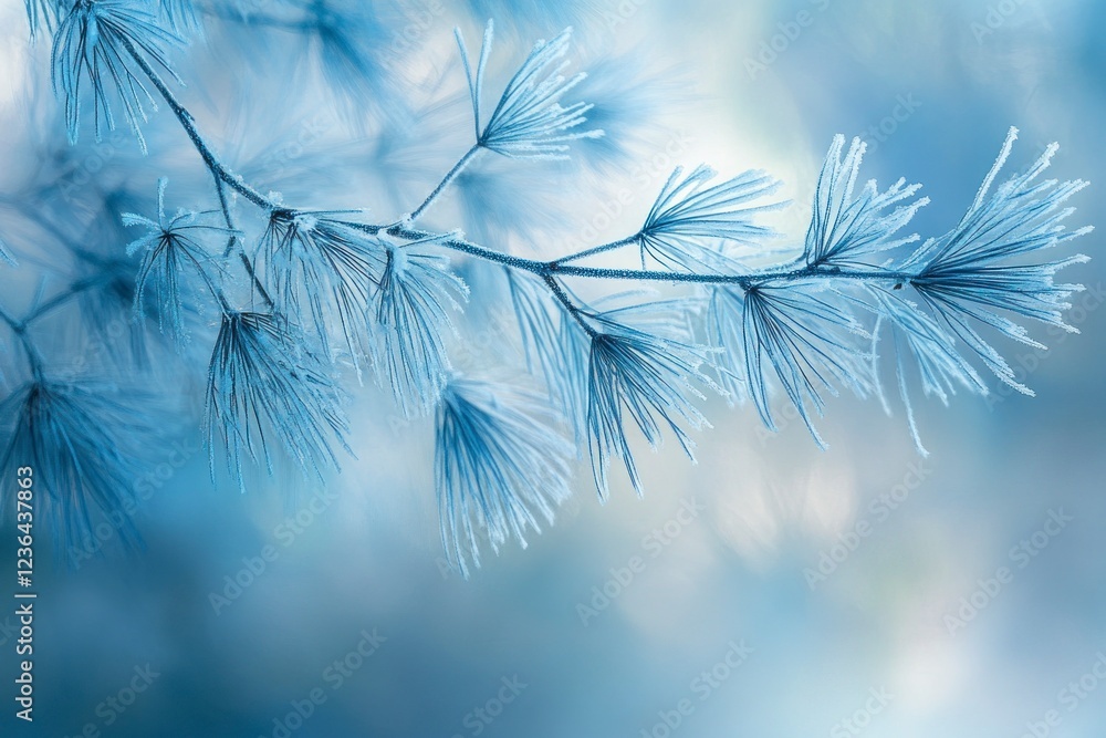 Poster a close-up of frost-covered pine branches, creating an ethereal and dreamy atmosphere with soft blue