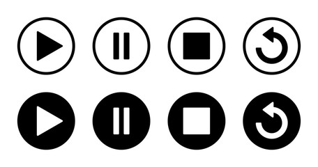 Play, pause, stop, and repeat icon on black circle