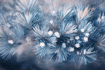A close-up of frost-covered pine branches, creating an ethereal and dreamy atmosphere with soft blue hues. 