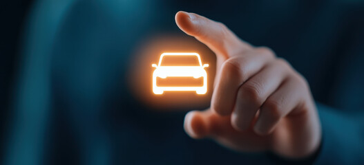 Close up of hand touching virtual car icon, representing technology and innovation in automotive industry. image conveys sense of interaction and modernity