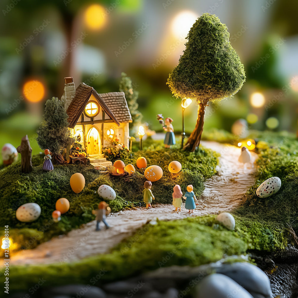 Poster tiny figures hunt for easter eggs in a lush forest setting with playful lighting. the scene is fille