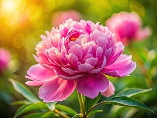 Fototapeta premium Delicate pink peony, macro-captured in spring's embrace; a tilt-shift miniature world unfolds.