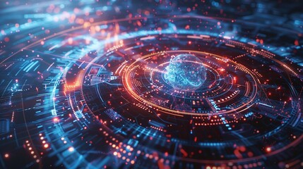 Mesmerizing futuristic digital landscape with a glowing constellation of neon lights holographic elements and a complex network of interconnected circuits and processors