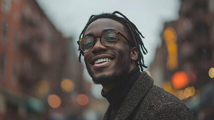 Fototapeta premium Smiling man, city street, rain, bokeh background, portrait