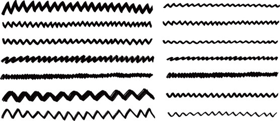 Set of handwriting wavy and jagged lines, vector illustration isolated on a transparent background