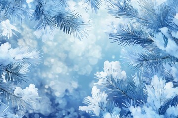 A close-up of frost-covered pine branches, creating an ethereal and dreamy atmosphere with soft blue hues. 