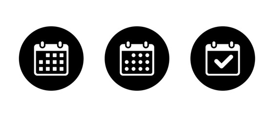 Calendar, event icon on black circle. Deadline, date, reminder organizer sign symbol