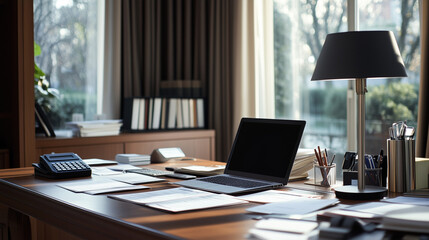 Naklejka premium Organized desk with financial tools, laptop, and documents, symbolizing efficiency and professionalism in modern work.
