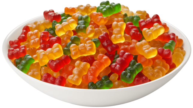 Colorful gummy bears filling a white bowl on transparent background