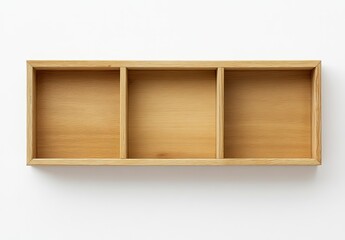 3 empty wooden frame mockups on a shelf, against a white wall background, in side view, high-resolution photography.