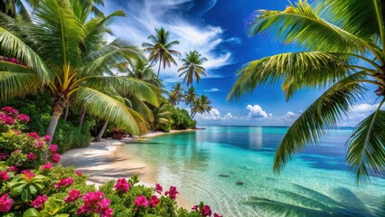 Fototapeta premium Serene tropical beach scene with swaying palm trees and crystal clear calm sea waters surrounded by lush greenery and vibrant floral plants, serene landscape, tropical beach