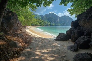 Secluded beach reveals stunning mountains and turquoise waters in serene tropical setting