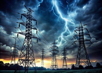 Stormy Sky, Power Lines, Energy Crisis, Electrical Transmission Towers, Electricity Uncertainty
