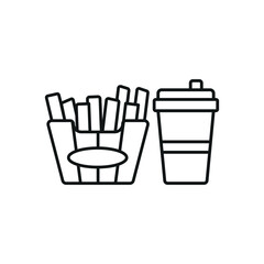 Drink and fried fries set food icon in flat style, featuring a refreshing beverage in a cup with a straw and a crispy serving of golden french fries.