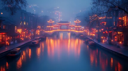 Fototapeta premium Misty night scene of a Chinese canal with illuminated bridge and lanterns.