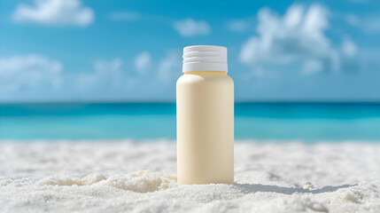 Beach sunscreen bottle, tropical ocean background