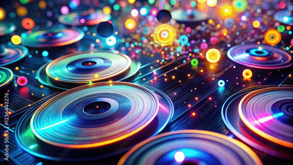 Poster abstract colorful discs and dots blur into a musical tech network, a swirling bokeh visual.